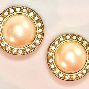 VTG 80s Faux Pearl Cab Pave Rhinestone Gold Tone Chunky Round Pierced Earrings